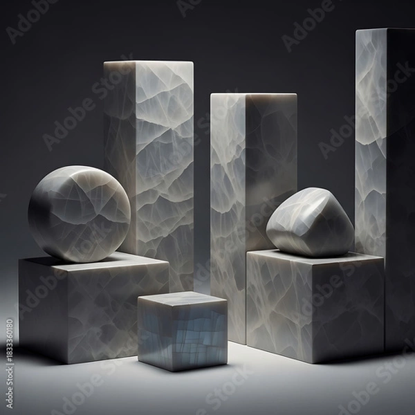 Obraz Geometric marble sculpture composition with cubes rectangles and sphere in studio setting