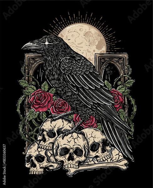 Fototapeta Gothic Raven on Skull Pile with Red Roses – Dark Atmospheric Artwork for Apparel and Notebook Prints