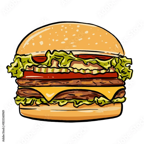 Fototapeta Tall Stacked Cartoon Hamburger Illustration with Sesame Bun, Double Patty, Melted Cheese, Fresh Veggies, and Colorful Sauces