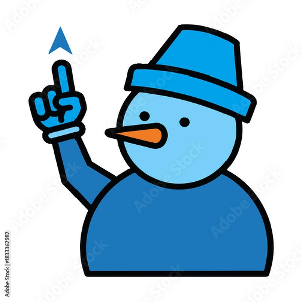 Obraz Icon of cute winter snowman with curious look pointing finger up at arrow isolated on white