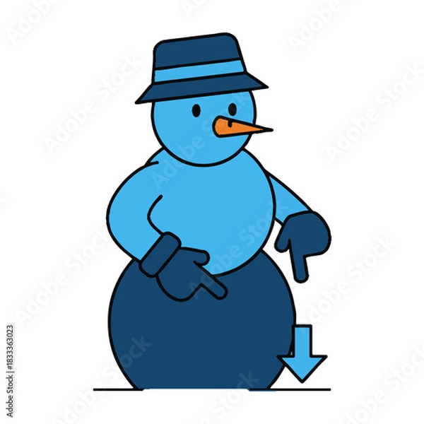 Obraz Cartoon snowman character icon with a staring gaze directed downwards at a blue arrow on a transparent background
