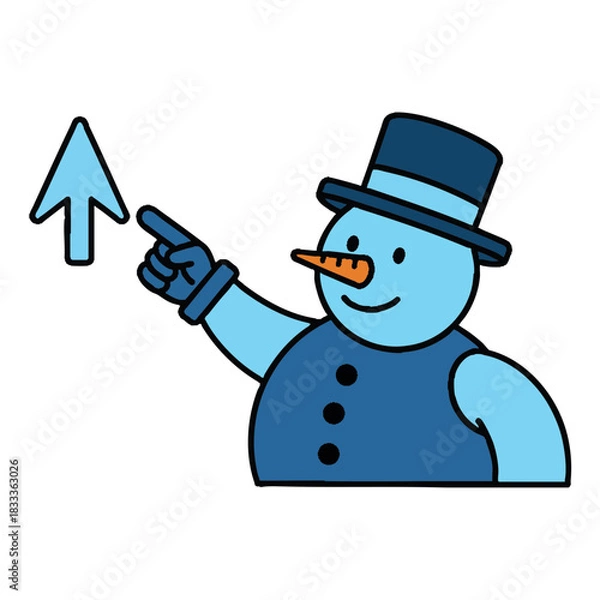 Obraz An icon of a smiling blue snow character gesturing upwards with a floating arrow symbolizing attention or growth.