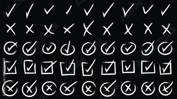 Fototapeta Check marks doodle set. checkbox, checklist, tick and cross signs, drawn concept. Hand drawn chalkboard doodle sketch style vector illustration
