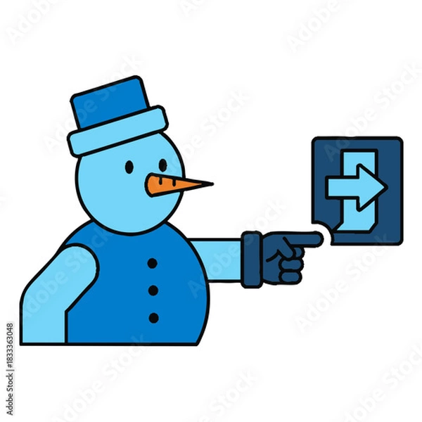 Obraz A blue Snowman cartoon character icon pointing to a right arrow symbolizing an exit or next step
