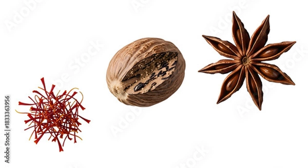 Obraz Nutmeg, star anise, and saffron isolated on transparent background for cooking