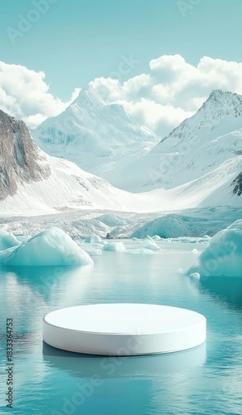 Fototapeta White circular platform on water surrounded by icebergs and snow capped mountains in arctic landscape, emphasizing sharp details of frozen scenery.