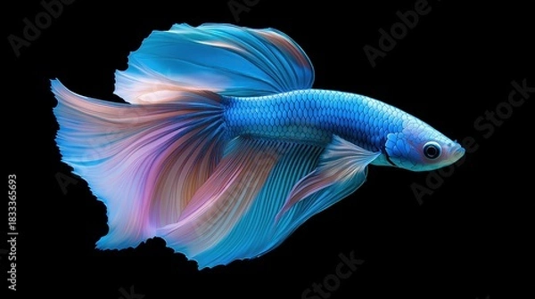 Fototapeta Beautiful blue and pink betta fish on black background with dynamic movement and side view, concept of beauty in nature and underwater life.