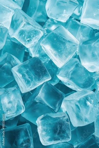 Obraz Pile of ice cubes on blue colored background suitable for mobile wallpaper design, refreshing cool atmosphere with clear frozen water crystals.