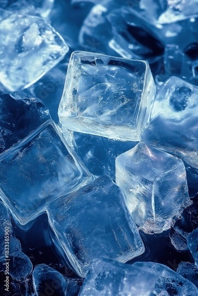 Obraz Close up of ice cubes on dark blue background, clear frozen water crystals with cool refreshing atmosphere and detailed texture.
