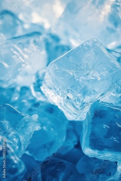 Obraz Close up of ice cubes against blue background, clear frozen water crystals with refreshing cool atmosphere and detailed texture.