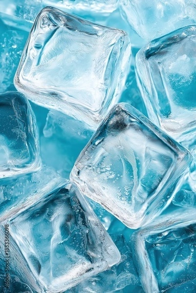 Obraz Close up of ice cubes on blue background featuring multiple ice cubes with focus on ice itself, overall theme of ice and snow with advertising imagery style.