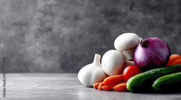Fototapeta Fresh Vegetables Garlic, Mushrooms, Onion, Carrots, Tomato, and Cucumber for Healthy Cooking and Nutrition
