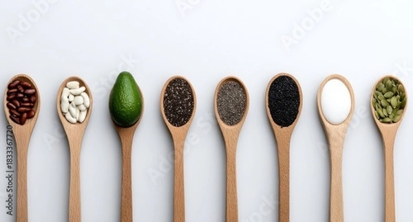 Fototapeta Healthy Superfoods Variety Wooden Spoons Filled with Nutritious Seeds, Beans and Avocado for Balanced Diet