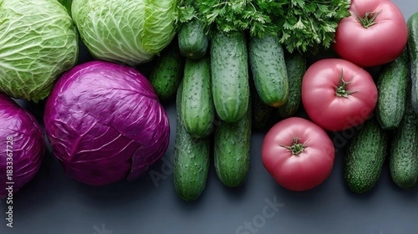 Fototapeta Fresh Vegetables on Gray Surface Including Cabbage, Cucumbers, Tomatoes, and Parsley
