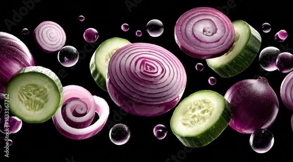 Fototapeta Sliced Red Onions and Cucumbers with Water Droplets on Dark Background for Culinary Art