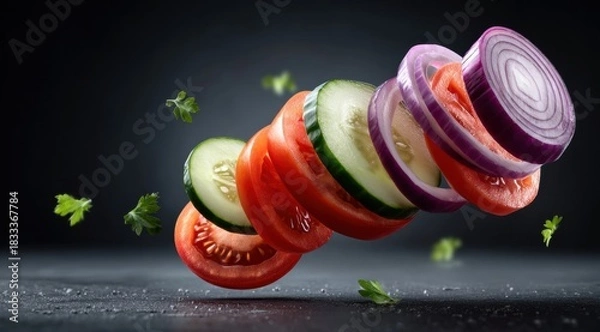 Fototapeta Floating Salad Ingredients A Fresh and Vibrant Composition for Culinary and Healthy Eating Concepts.