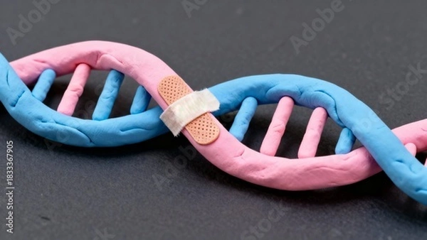 Fototapeta Knitted DNA model with a band-aid, symbolizing health restoration and self-care concept