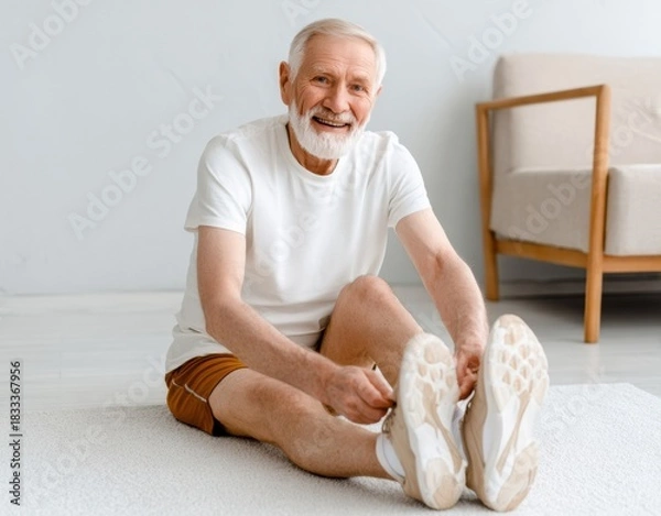 Fototapeta Happy Senior Man Tying Shoelaces Before Exercising at Home, Promoting Active and Healthy Lifestyle