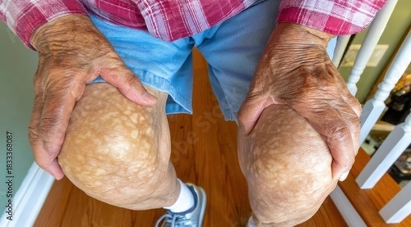 Fototapeta Swollen Knees of Elderly Man Representing Arthritis and Joint Pain for Health Campaigns