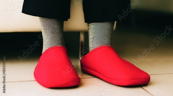 Fototapeta Person in Cozy Home Attire Wearing Red Slippers and Gray Socks on Floor Tiles