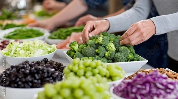 Fototapeta Salad Bar Preparation People Selecting Fresh Vegetables and Fruits for a Healthy Meal. Buffet Style Cuisine