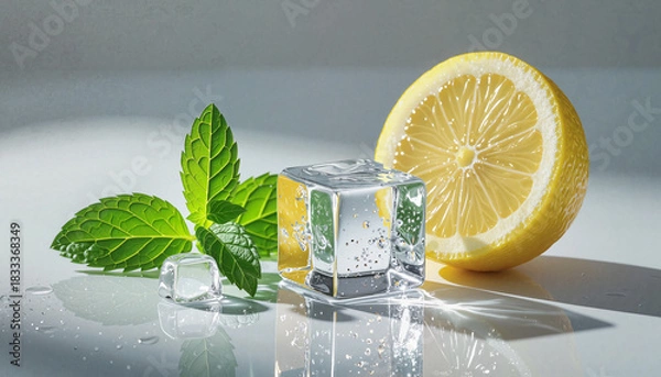 Fototapeta Ice cubes with fresh lemon and mint leaves, refreshing summer drink concept