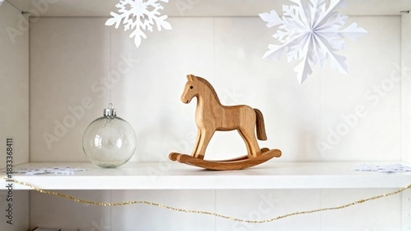 Fototapeta White bookshelf decorated for winter with a wooden rocking horse and snowflakes