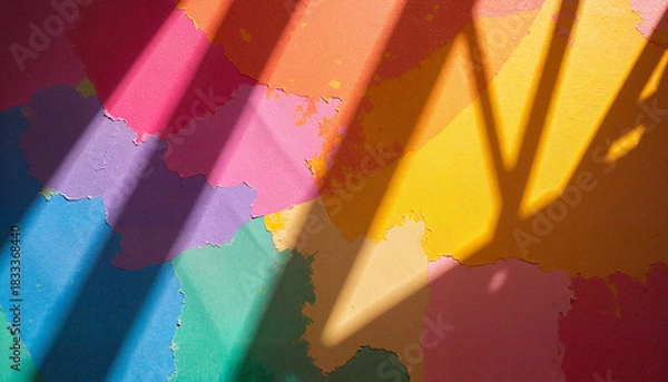 Fototapeta Colorful abstract wall with shadows in bright sunlight, urban art concept