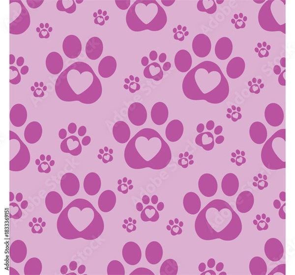 Fototapeta Seamless pattern of pink paw prints with heart on a light purple background