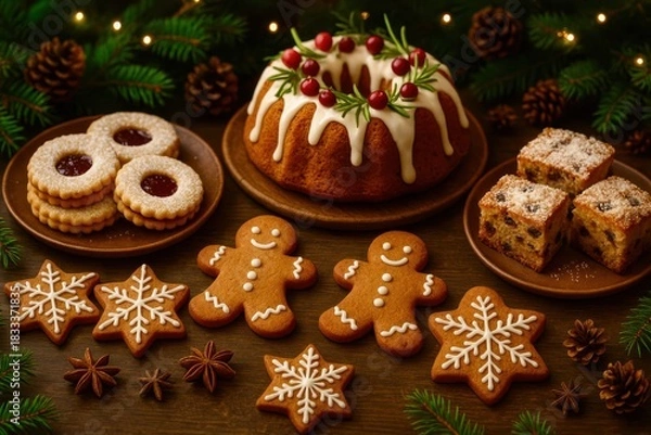 Fototapeta A table full of Christmas cookies and a cake with a wreath on top