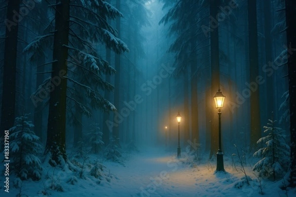Fototapeta A snowy forest path with two lit lanterns