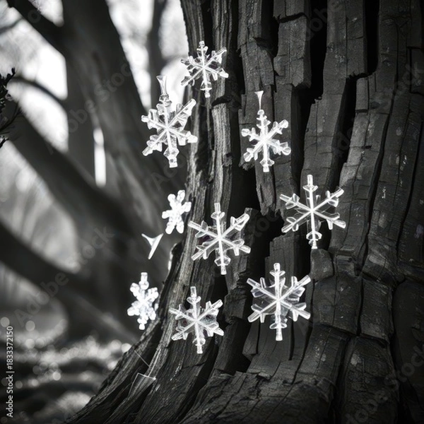 Fototapeta A tree with a few snowflakes hanging from it