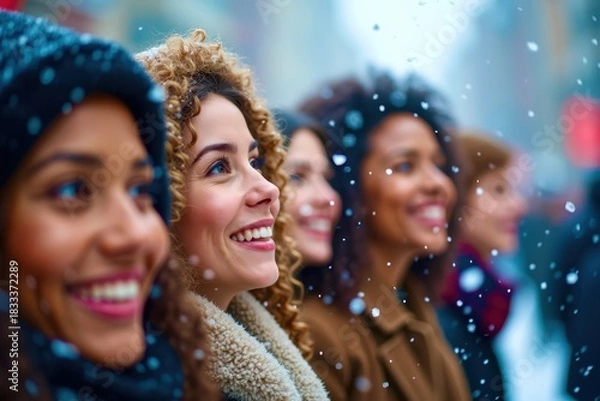 Fototapeta Two women wearing hats and smiling in the snow