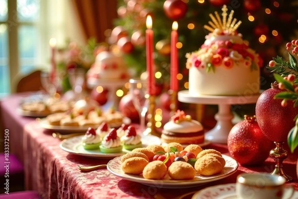 Fototapeta A table is set with a variety of desserts, including cakes, pastries, and fruit