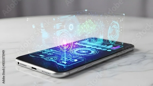 Fototapeta Smartphone displaying digital interface with glowing binary code overlay