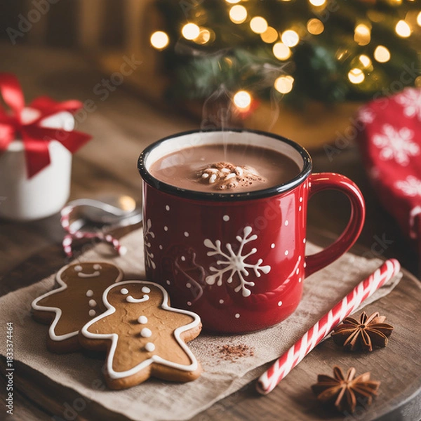 Obraz Hot Christmas beverage with sweet holiday cookies and gingerbread snacks
