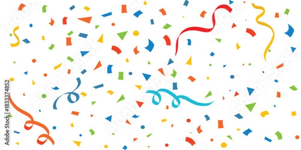 Obraz Colorful confetti and streamers falling on white background, Colorful confetti celebration background, Anniversary celebration banner. Bright festive tinsel. Birthday party backdrop.