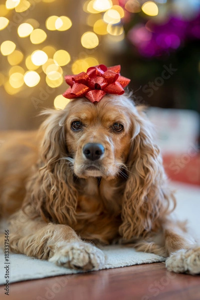 Obraz cocker spaniel dog, soft Christmas lights creating a bokeh effect.