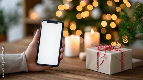 Obraz Hand holding smartphone with blank white screen on Christmas background. Mobile phone mockup with gift box and candles. Holiday shopping concept