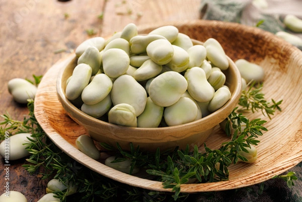 Obraz Fresh broad bean in a ceramic bowl, close up view