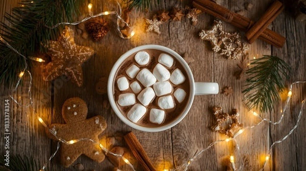 Obraz Cozy Holiday Flatlay with Hot Chocolate and Gingerbread