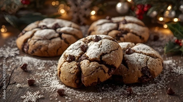 Obraz Rustic Holiday Chocolate Chip Cookies with Powdered Sugar Snow