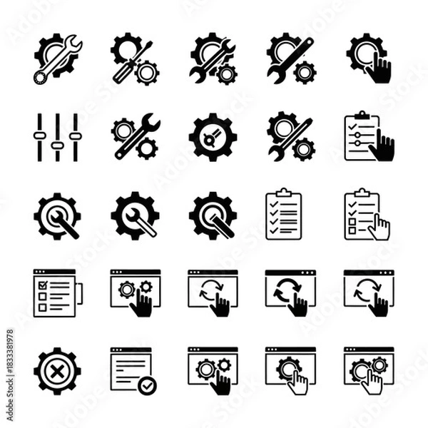 Obraz Set of black and white settings and configuration icons for web and app design.