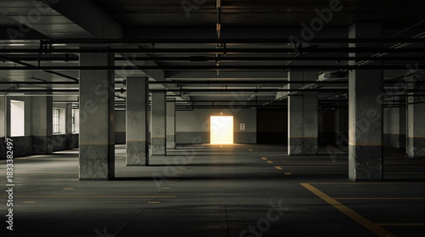 Fototapeta Empty Underground Parking Garage with Bright Light at Exit, Liminal