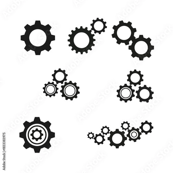 Obraz Set of various black gear icons representing mechanics and engineering.