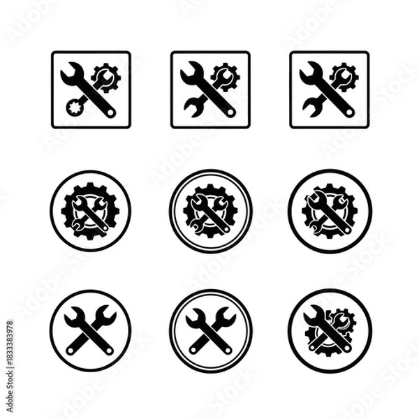 Obraz Set of wrench and gear icons for repair and maintenance services.
