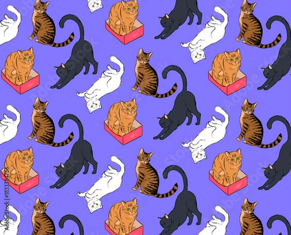 Obraz Funny cute cats illustration pattern with violet background