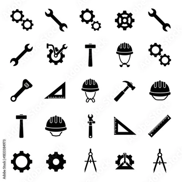 Obraz A comprehensive set of black engineering and construction tool icons.