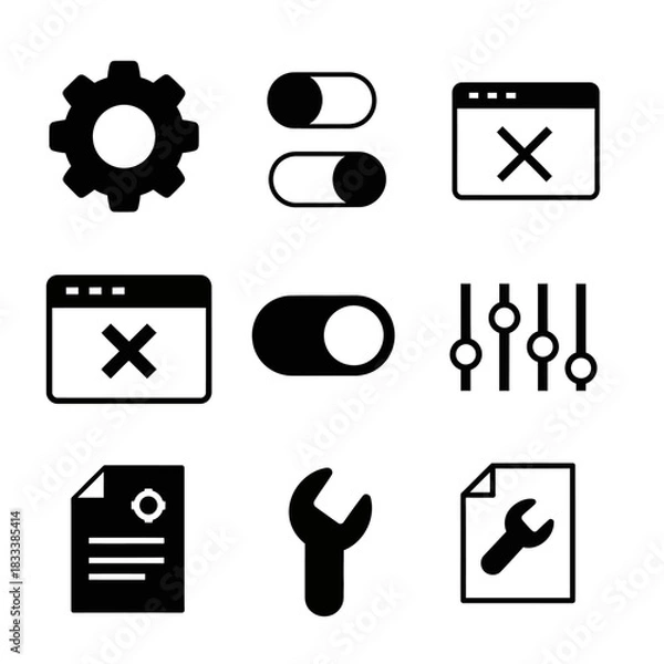 Obraz A versatile collection of black glyph icons for settings and user interface controls.