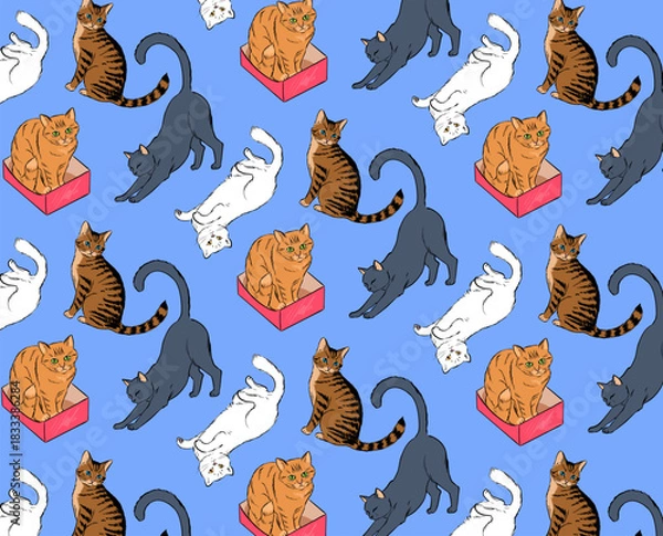 Obraz Cute cats pattern illustration on blue background